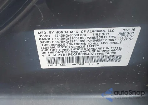 2010 Honda Ridgeline Rts z USA, uszkodzony, nr VIN 5FPYK1F4XAB005407